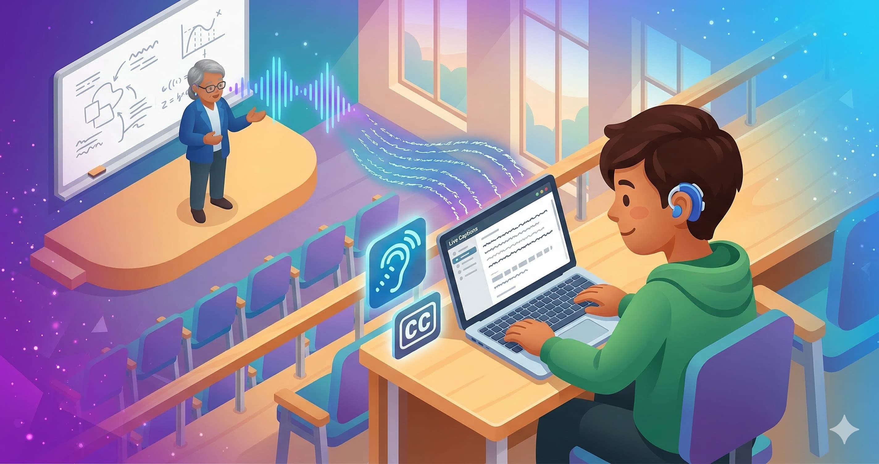 Étudiante malentendante utilisant la transcription en direct en cours